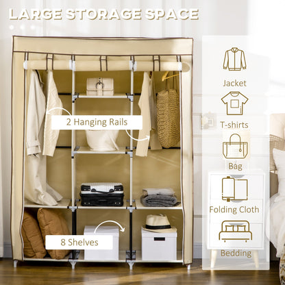 fabric wardrobe with 8 shelves and 2 bars, portable wardrobe with roller shit, 125x43x162.5cm, beige