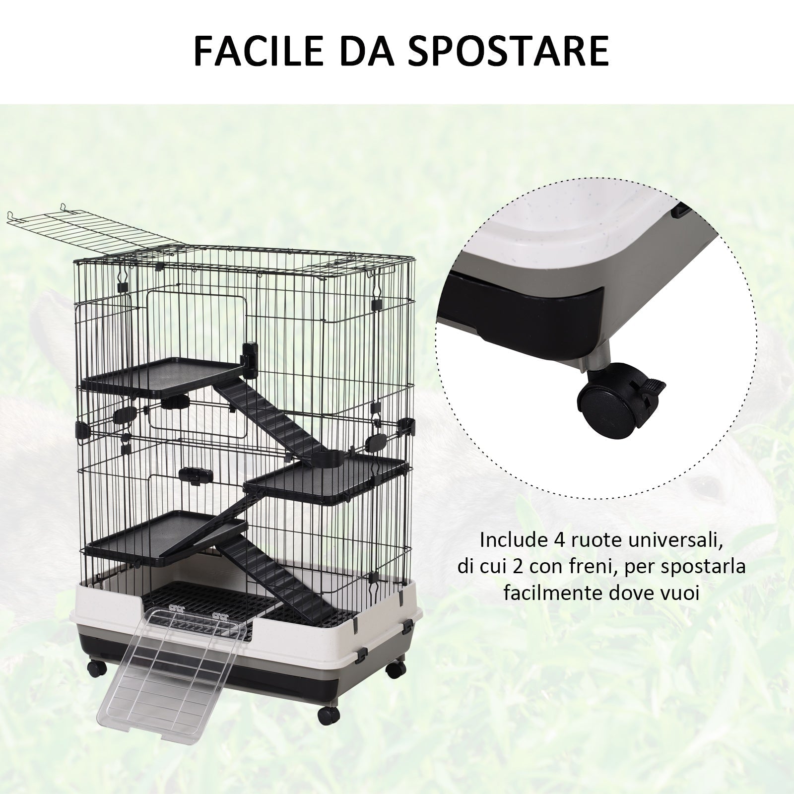 3-Tier Metal Cage with Tray for Rodents, Rabbits and Ferrets with 4 Wheels, 81.2 x 52.7 x 114 cm, Black - Borge' Group Limited
