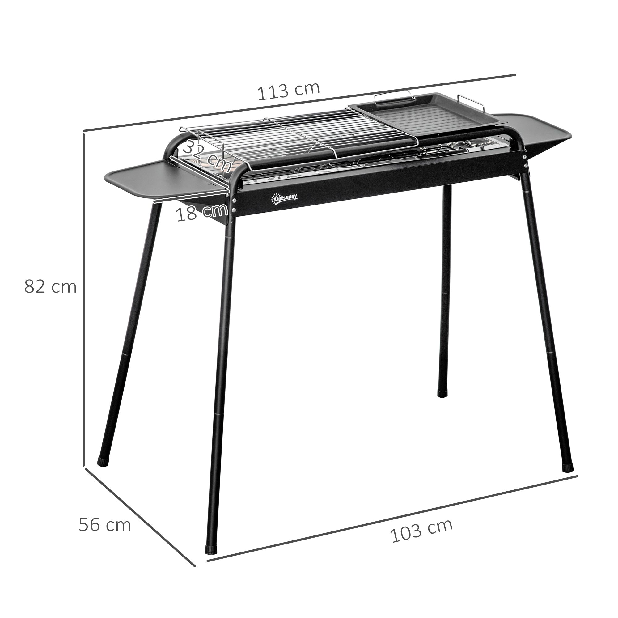Charcoal Barbecue with Grill and Steel Plate with Side Shelves, 113x59x83.5cm, Black - Borge' Group Limited