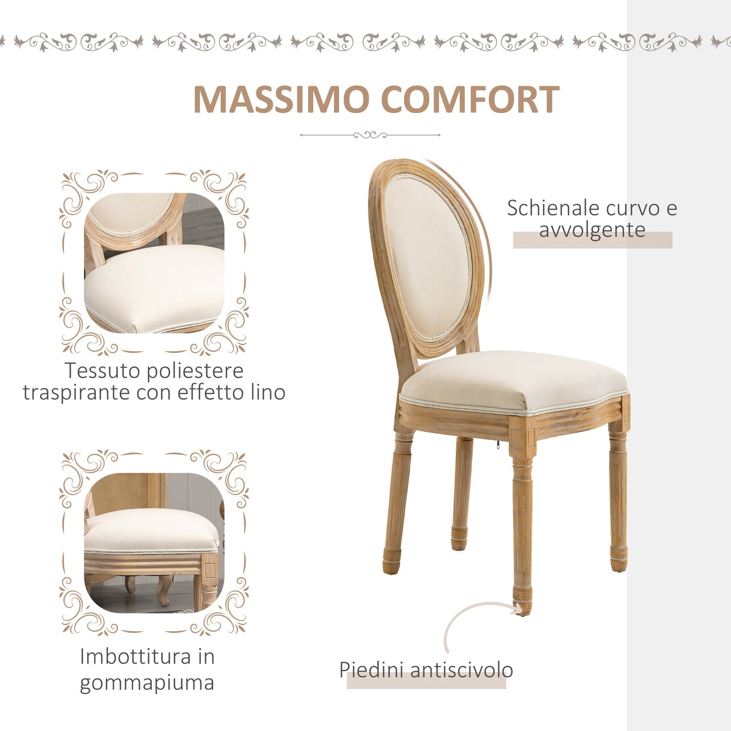 Set 2 Padded Chairs For Living Room Vintage style Rétro in wood and fabric 49x56x96cm - White - Borgè