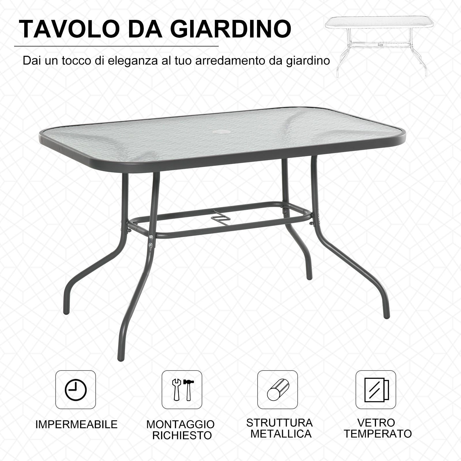 Garden Table with Umbrella Hole, Outdoor Furniture in Metal and Glass 120x80x70cm Grey - Borge' Group Limited