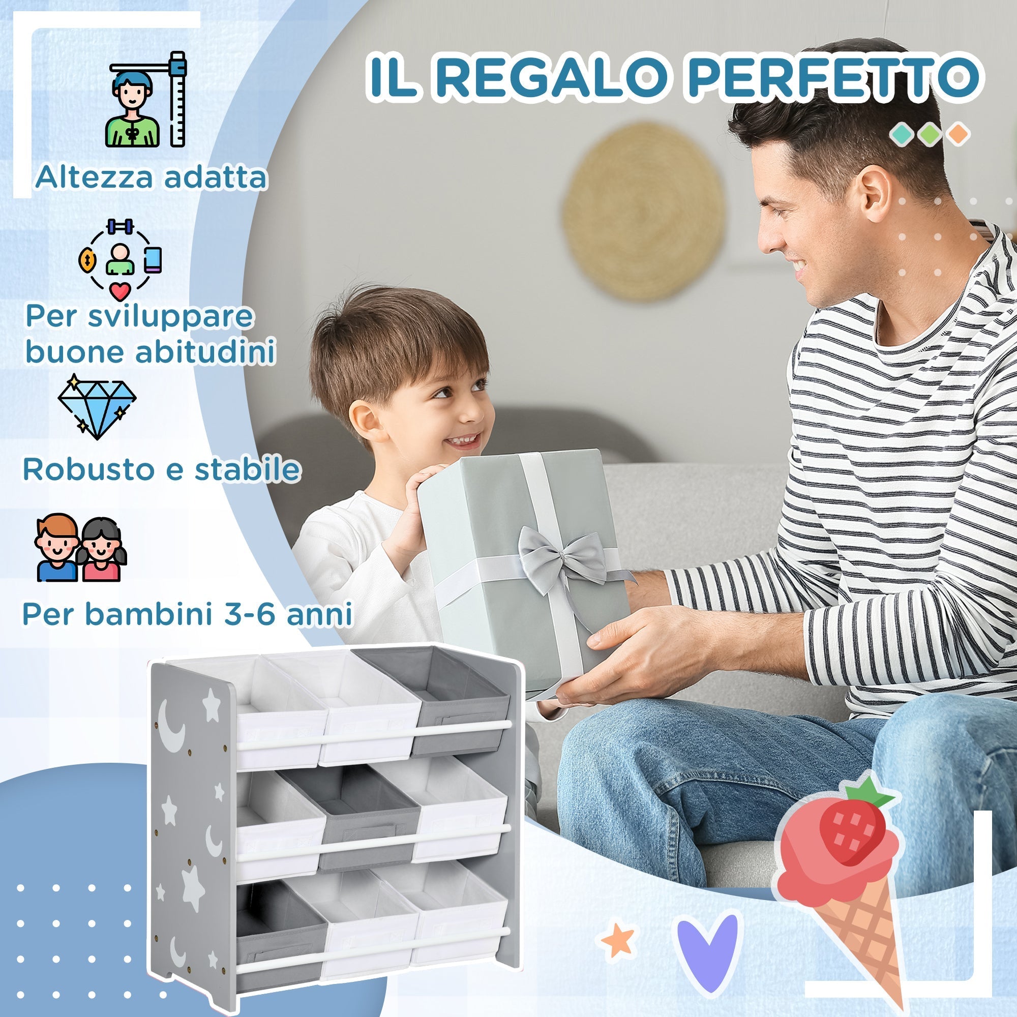 Zonekiz Portagochi cabinet with 9 basketable baskets in MDF and fabric, 63x30x60cm, Grey and white - Borgè