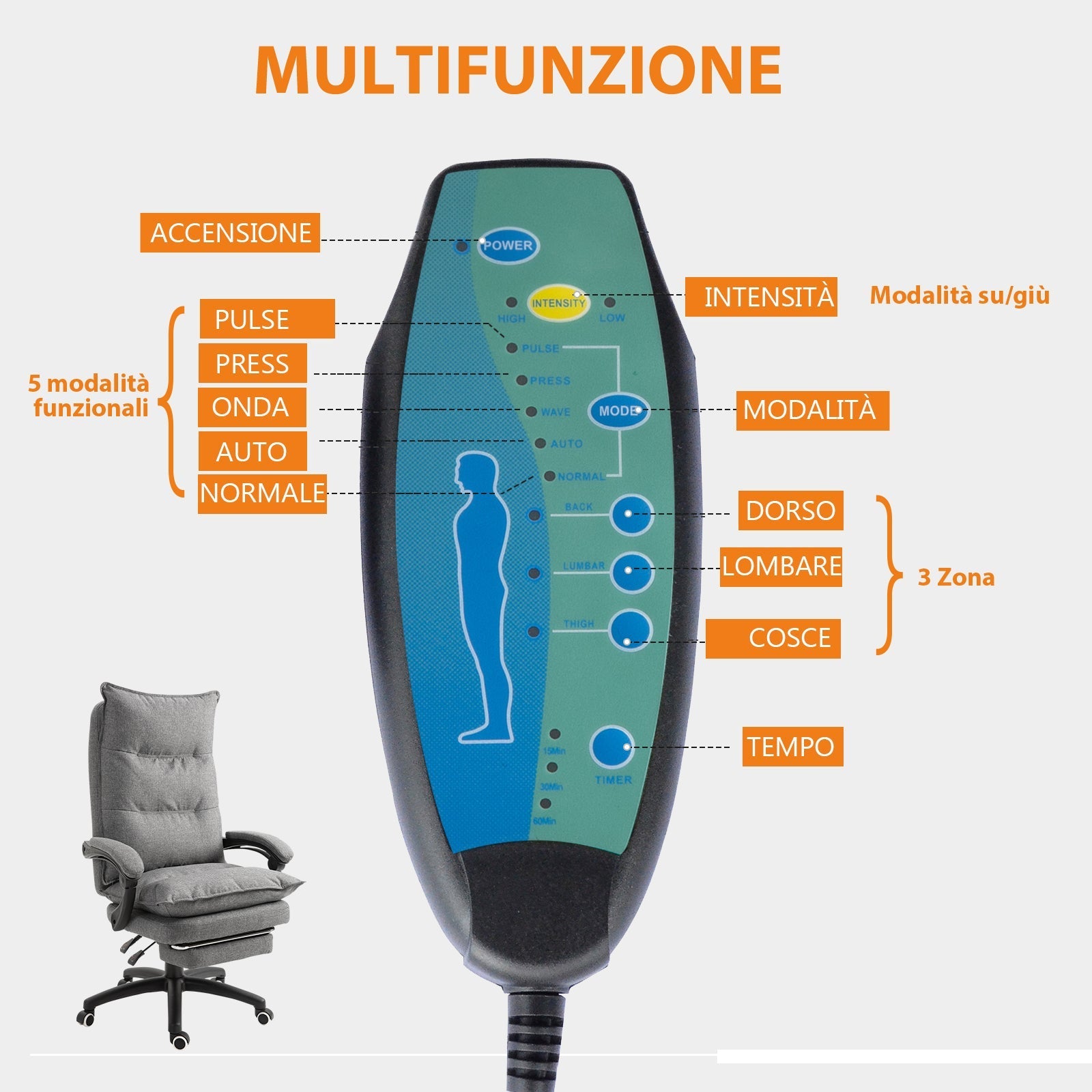 Padded office chair with 6 massage points, adjustable height and wheels, 70x62x120-130 cm, Grey - Borgè