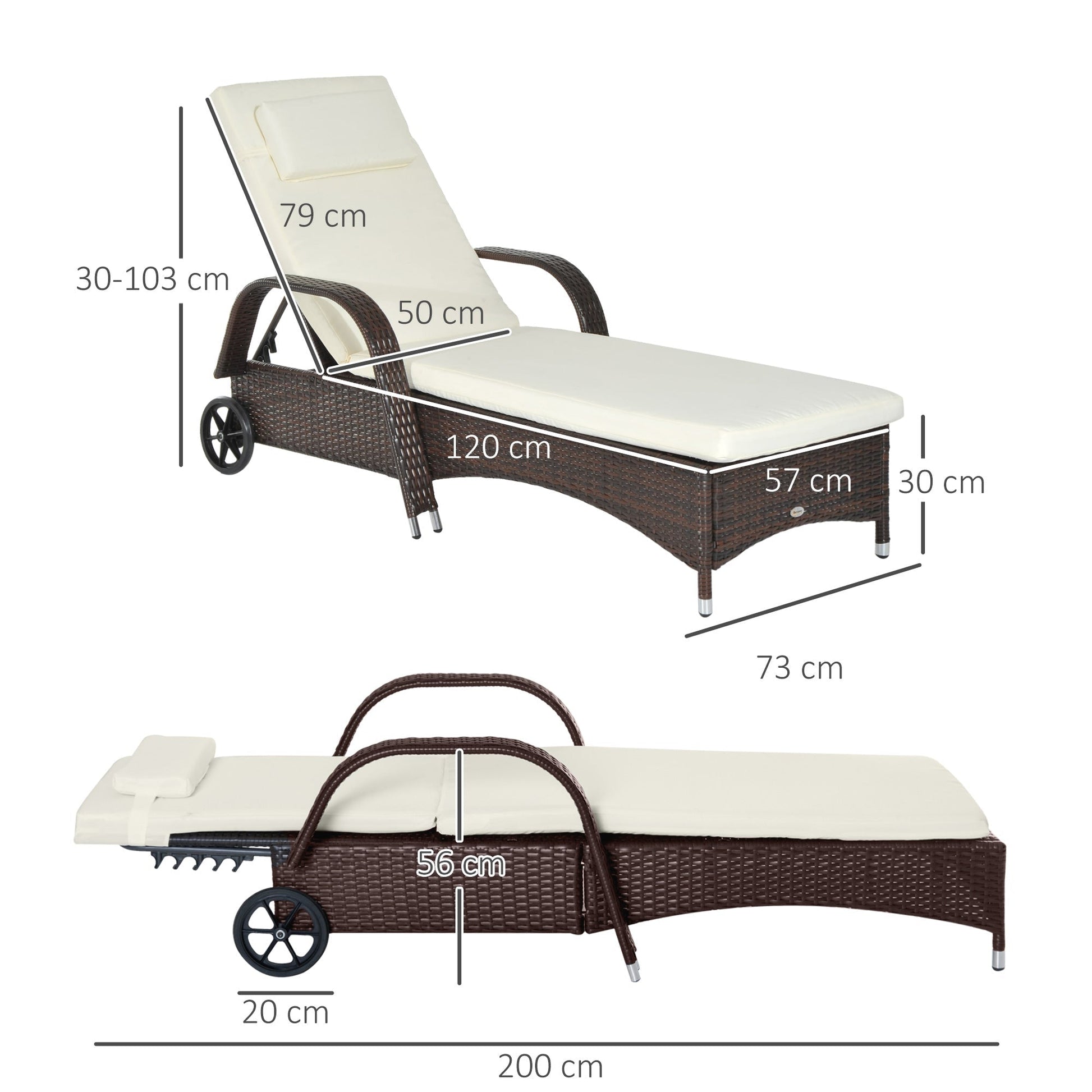 Garden sun bed, deck chair with wheels for beach in rattan adjustable height - Borgè