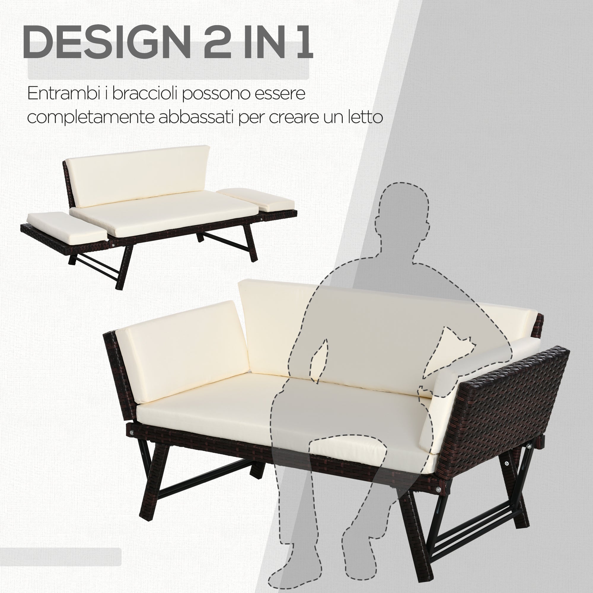 2 Seater Sofa with Extendable Armrests for Garden Rattan 129x63x67cm White, Brown - Borge' Group Limited