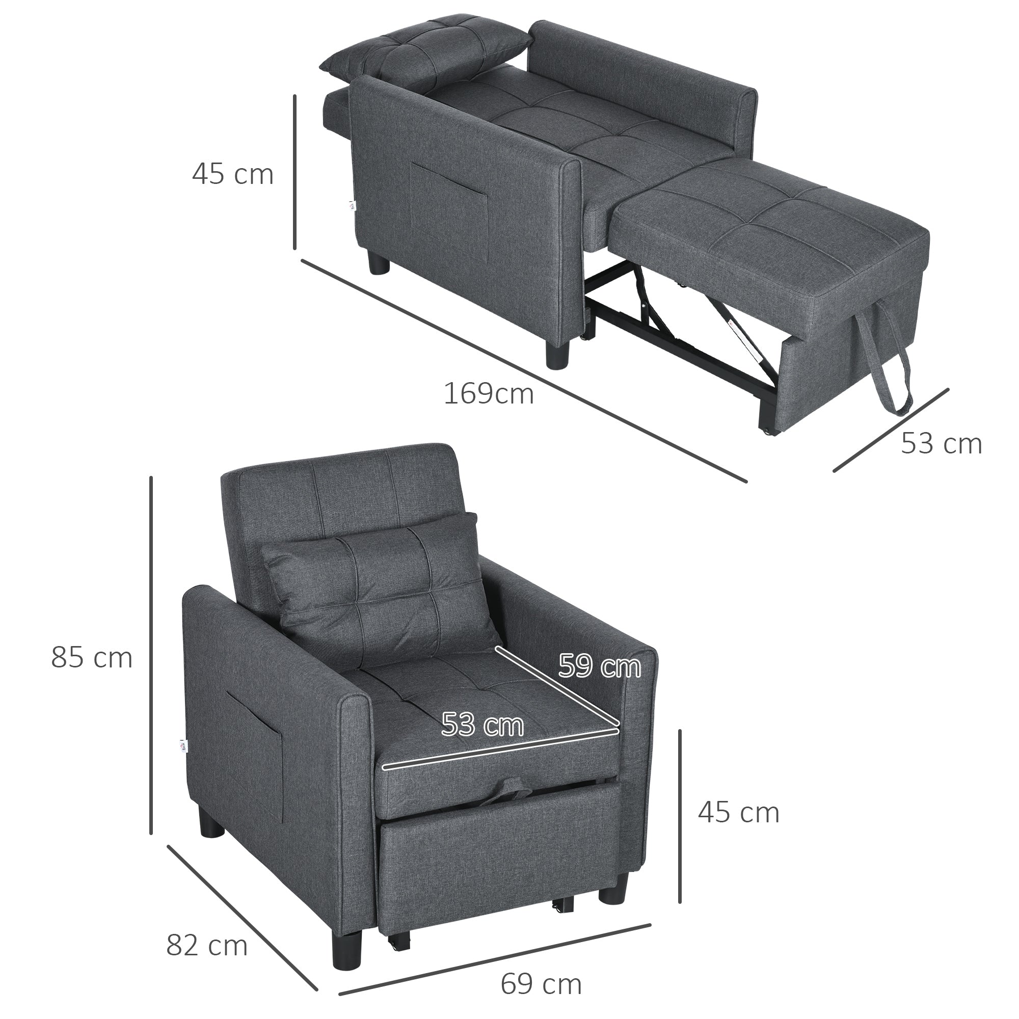 Single Bed Armchair Reclinable on 3 levels with extra pillow, 69x82x85cm, Grey - Borgè