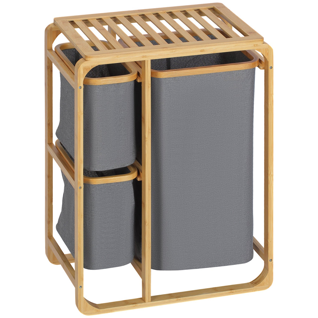 Clothes Laundry Basket with 3 removable compartments in Fabric and Bamboo, 50x32x69.7cm - Borgè
