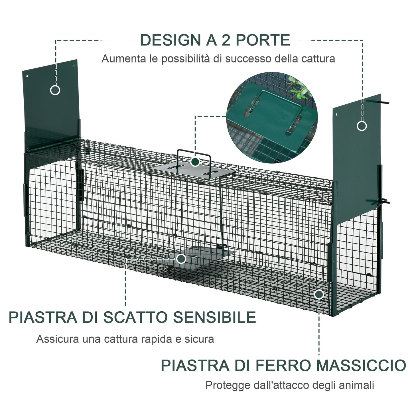 Pawhut cage trap for live animals with double door 100x25x28cm dark green - Borgè