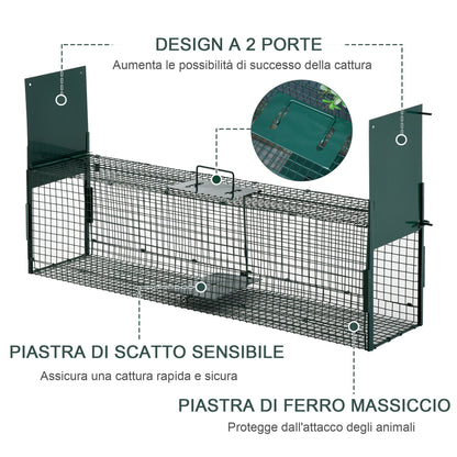 Pawhut cage trap for live animals with double door 100x25x28cm dark green - Borgè