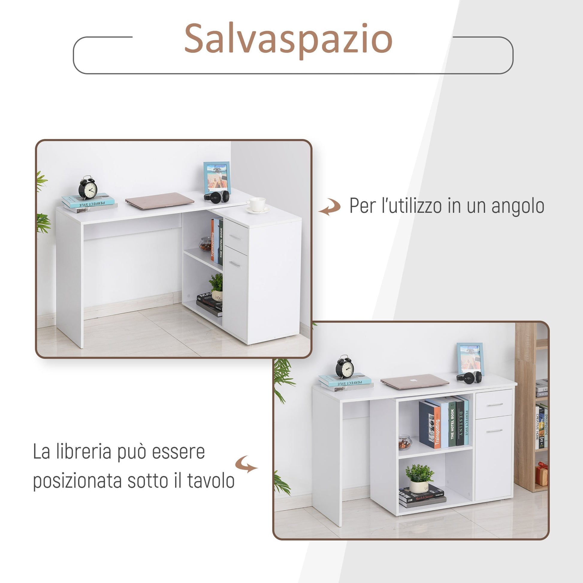 Corner Desk / Standard Desk with removable drawers and 360 ° White Shelf - Borgè