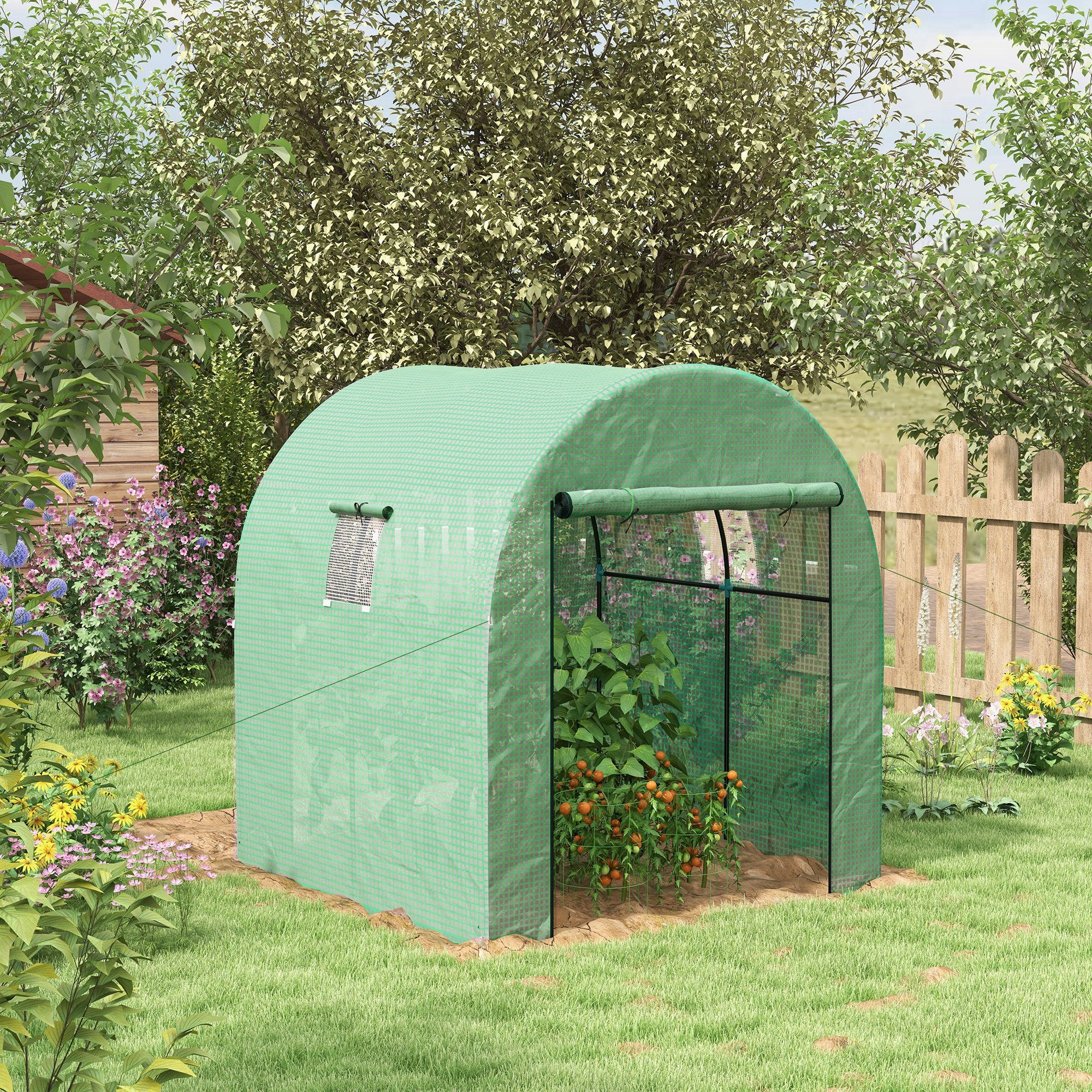 Outsunny tunnel greenhouse for vegetable garden 1.8x1.8x2m in steel and anti UV with roller shown doors and windows, green - Borgè