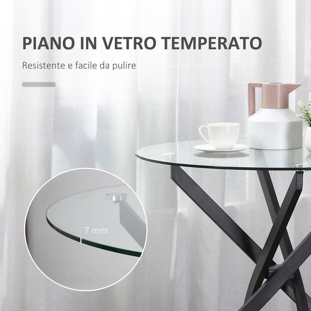 Round glass table and crossed metal legs, modern table for living and study, 80x80x75cm, black - Borgè
