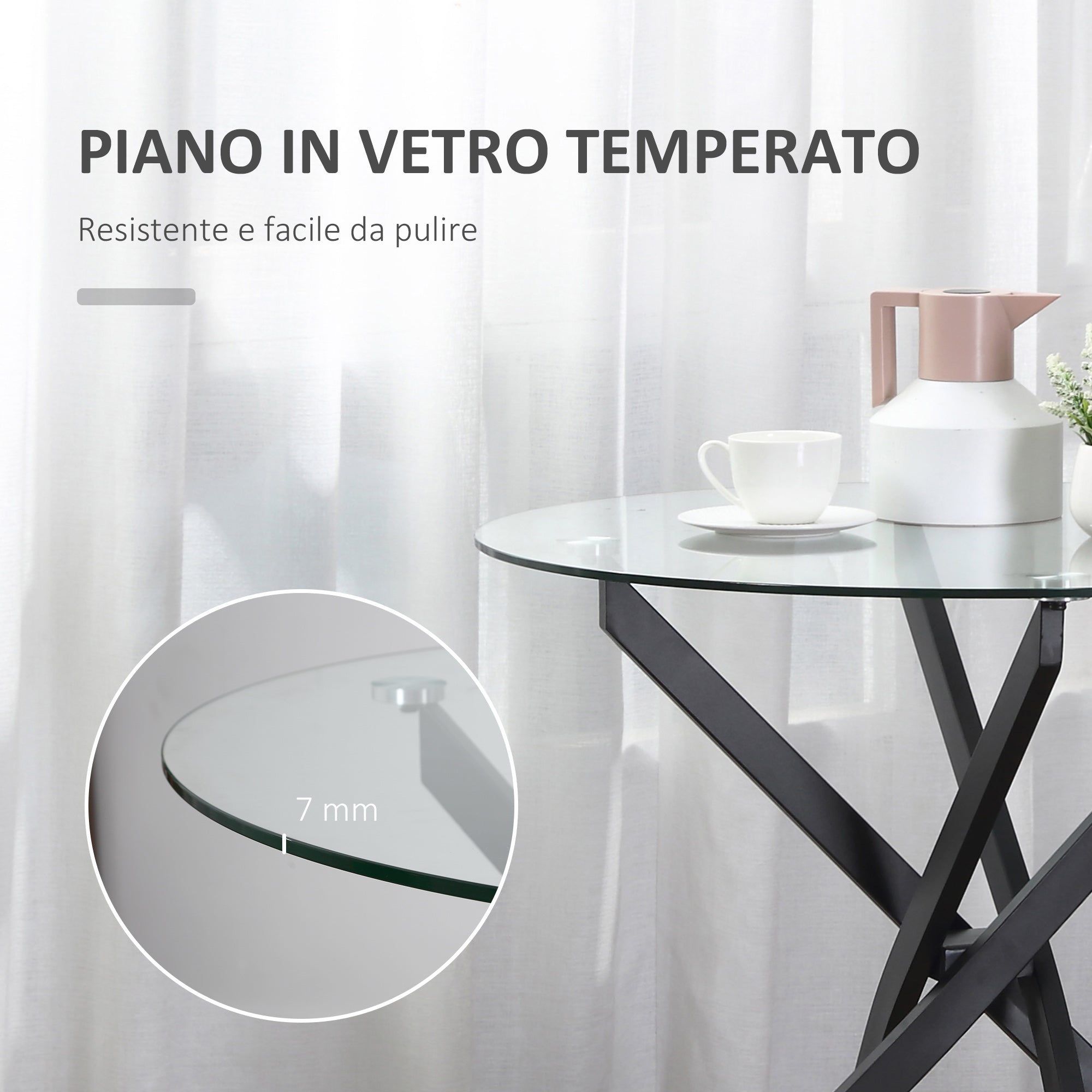 Round glass table and crossed metal legs, modern table for living and study, 80x80x75cm, black - Borgè