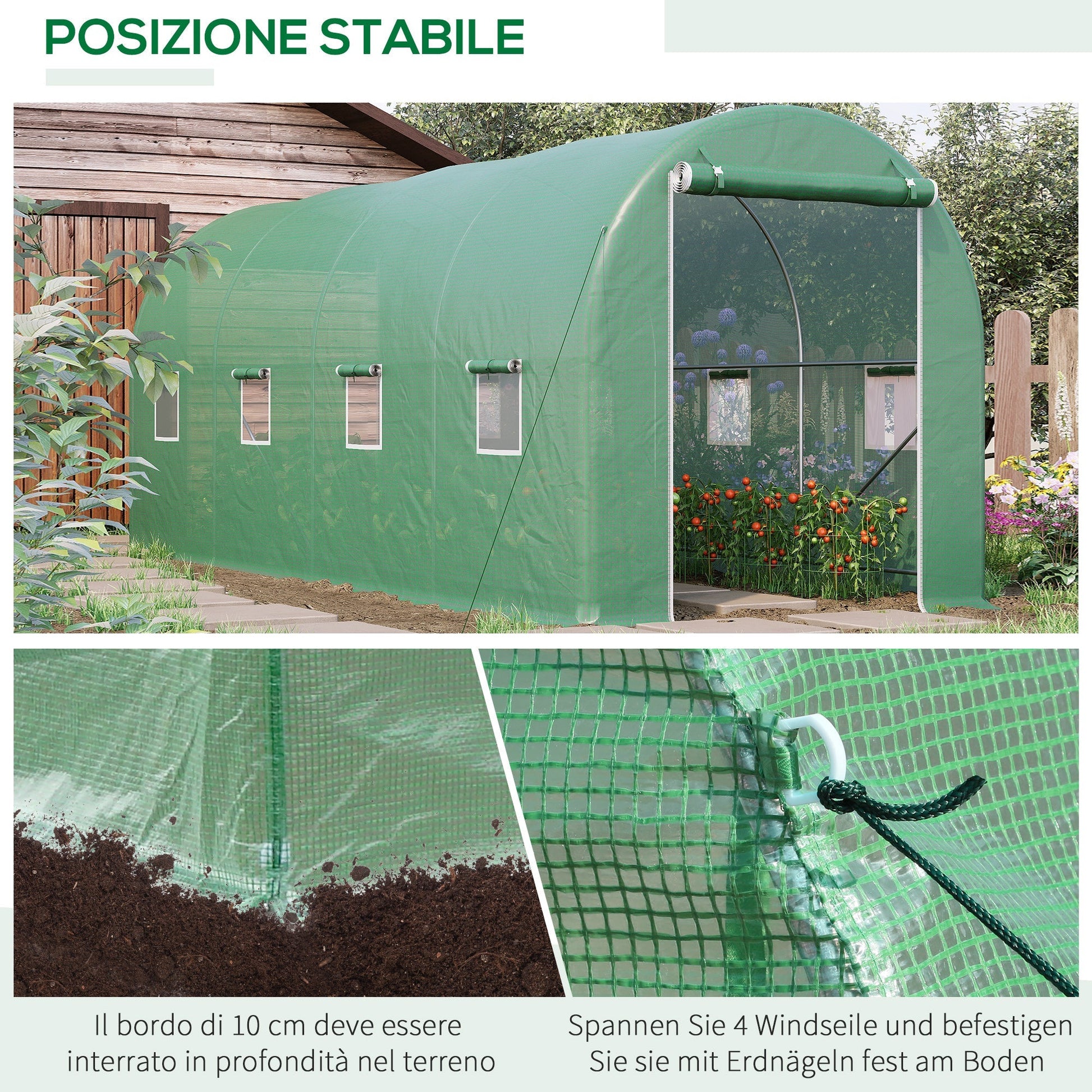 Outsunny green tunnel greenhouse 8 windows and roller shutters 500x200x210cm - Borgè