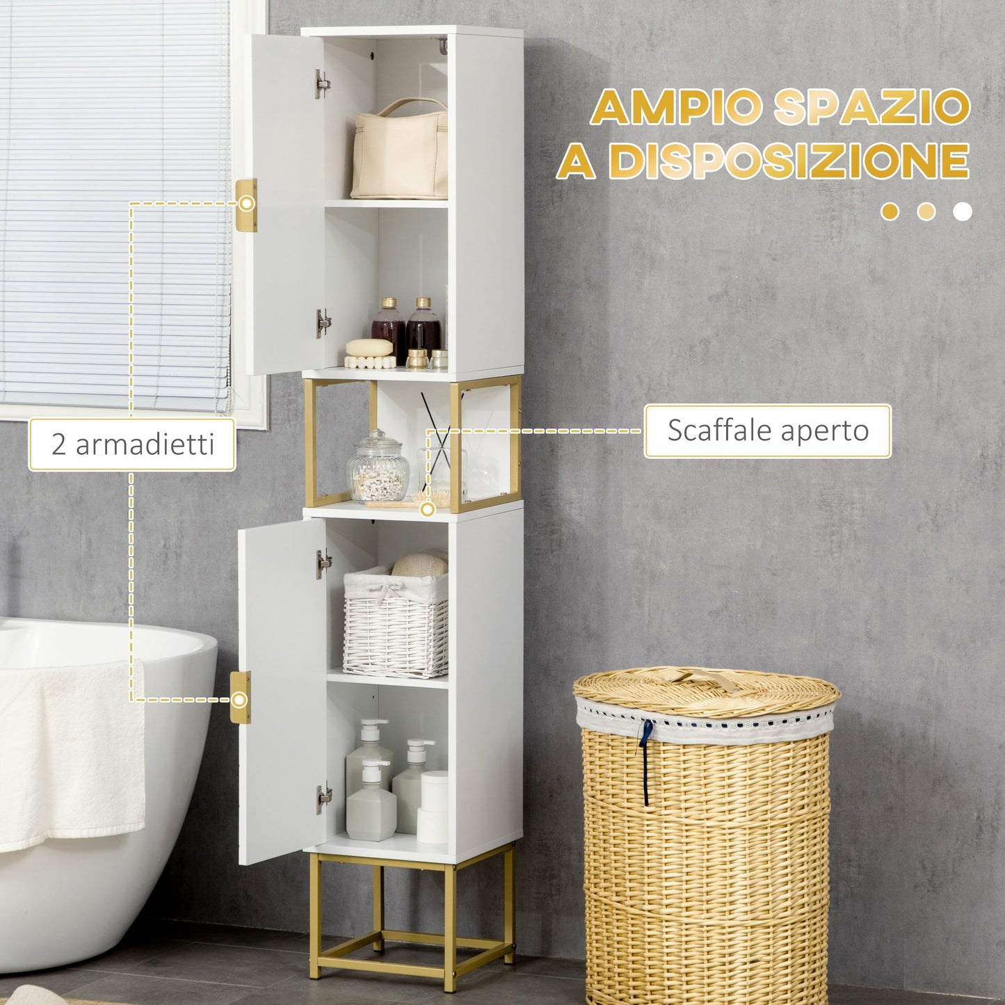 Kleankin Bathroom column with 2 lockers and shelf in mdf and steel, 30x30x170.7cm, white and gold - Borgè