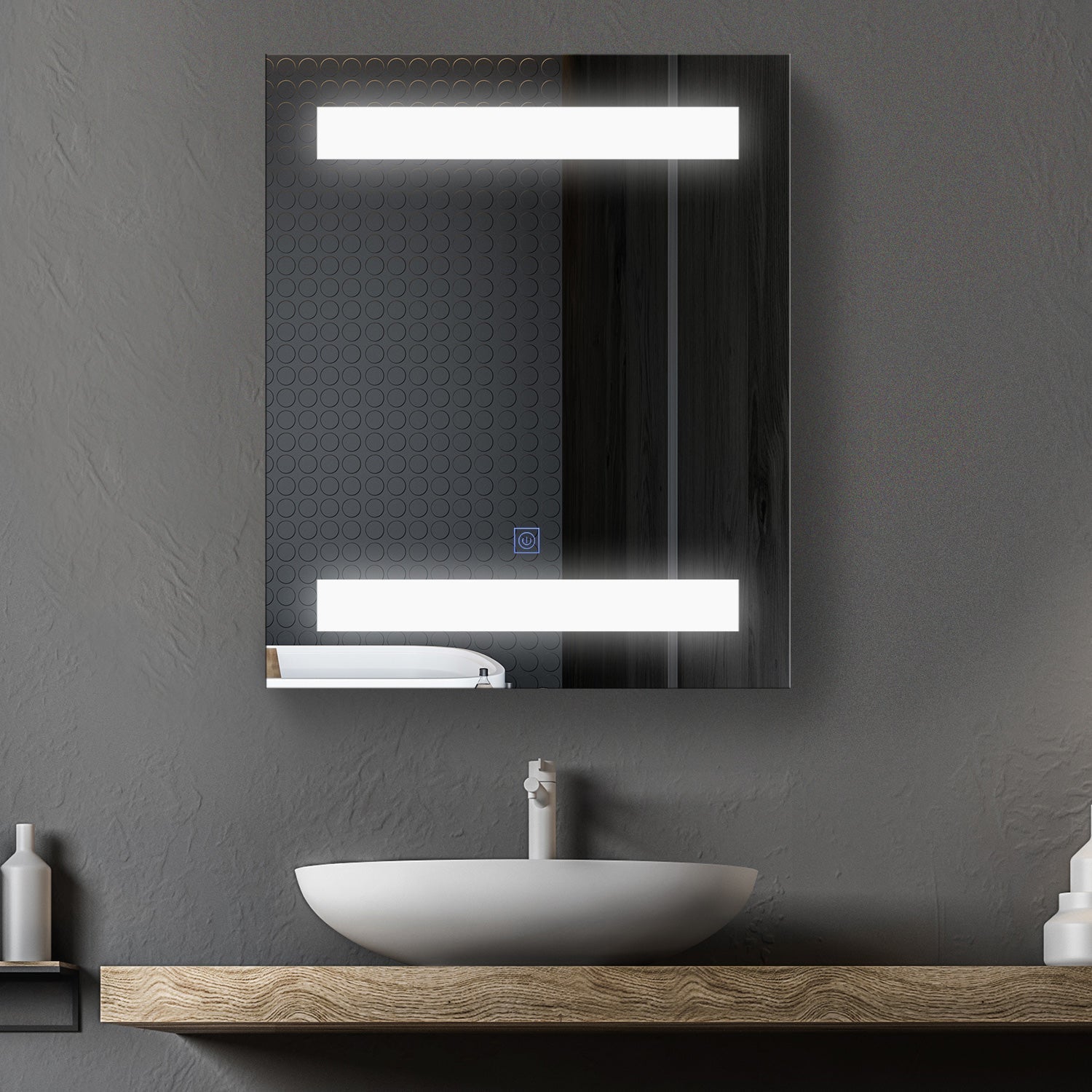 Bathroom wall cabinet with 1 door, mirror and LED lights | 2 internal shelves | White MDF (60 x 50 x 15cm) - Borgè