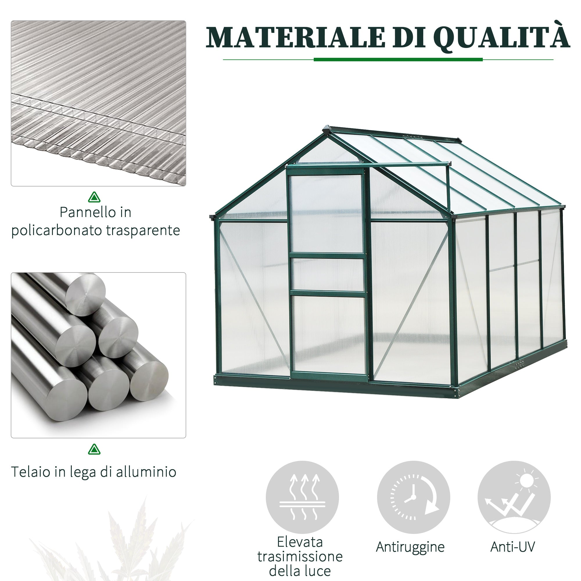 Anti-UV Polycarbonate Garden Greenhouse with Window and Sliding Door, 190x252x201cm - Borge' Group Limited