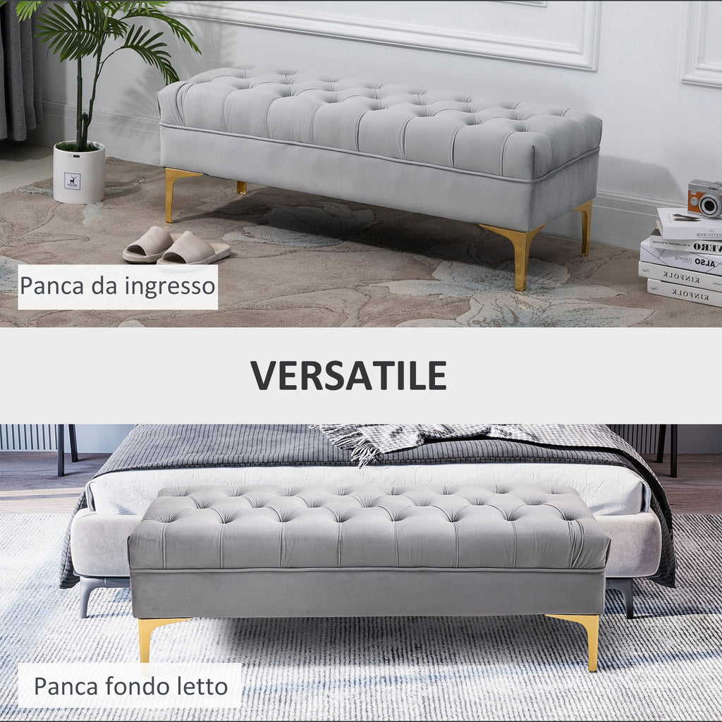 Packable Bench Fund in velvety fabric, Bedroom bench and entrance with quilt decoration, metal feet, Grey - Borgè