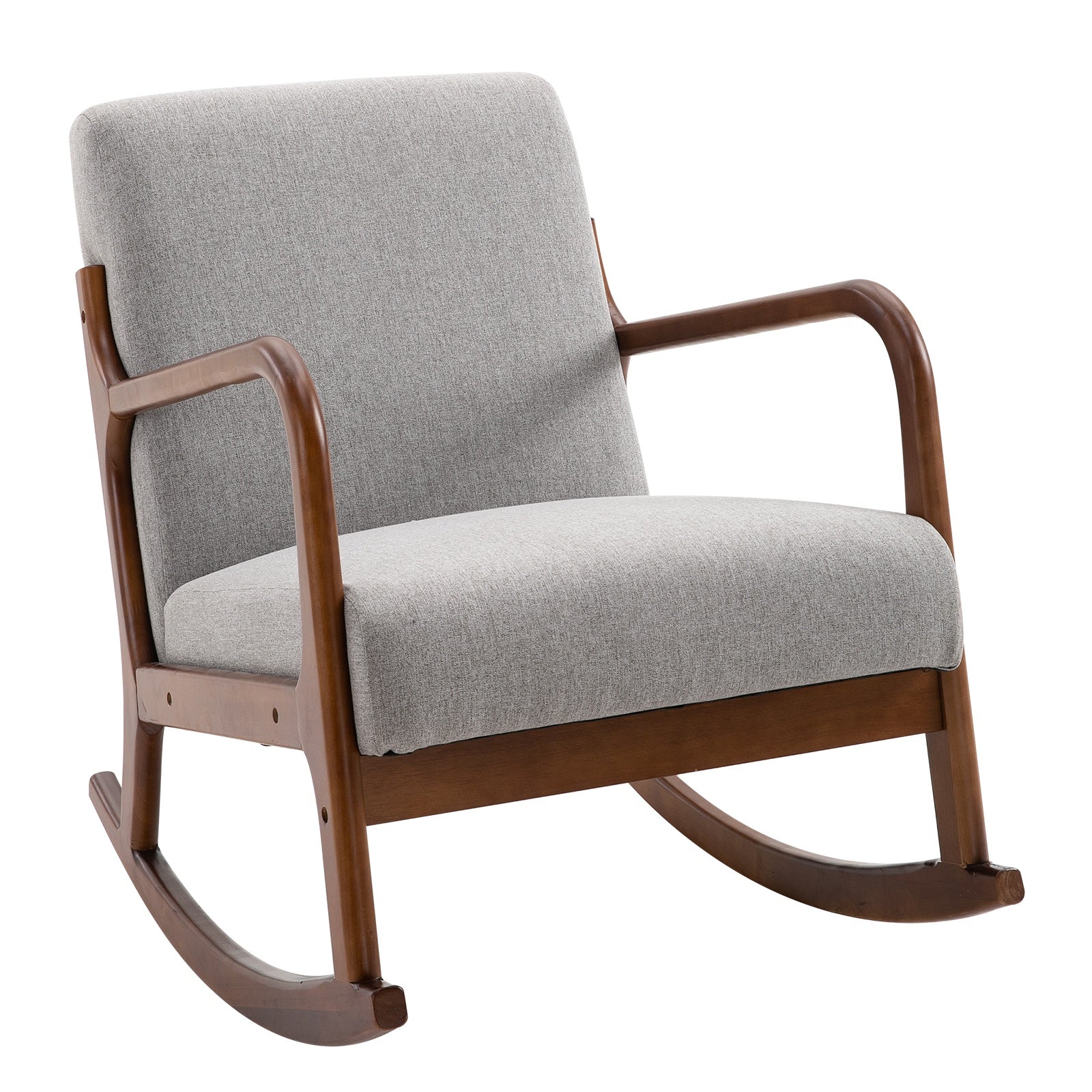 padded rocking armchair, vintage wooden design and Grey linen, for interiors, office, living room, 64x86x80cm - Borgè