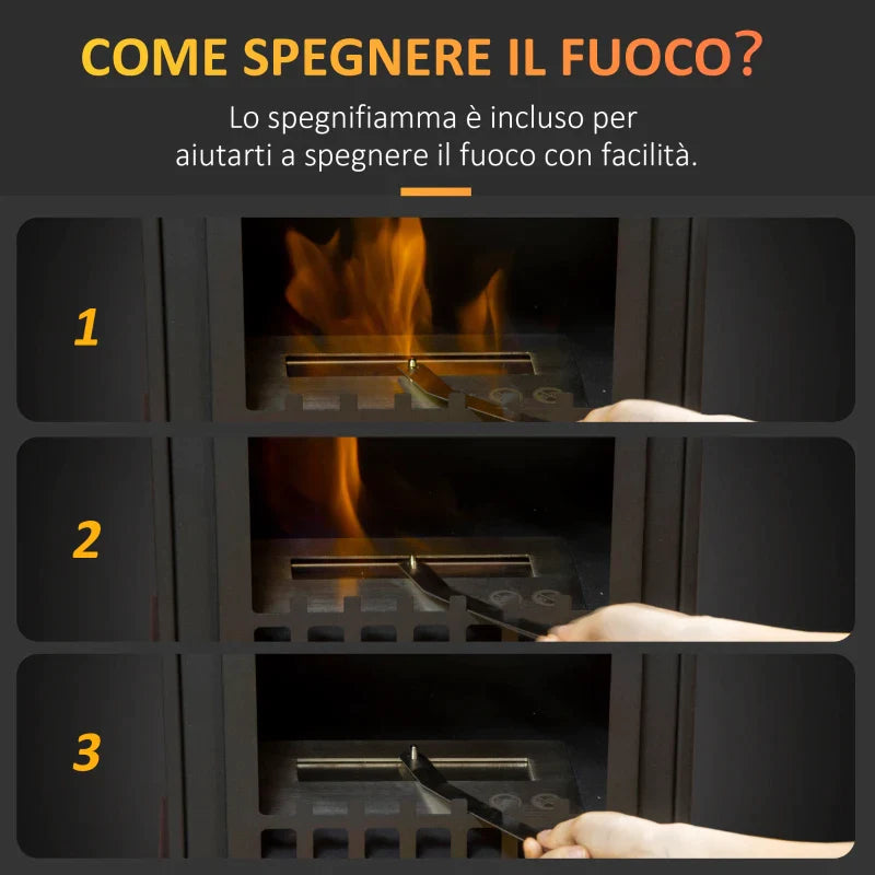 Metal Bioethanol Fireplace with 3h Combustion with 1.2L Tank and Cover | 25mÂ², 41x25x54 cm, Nero - Borgè