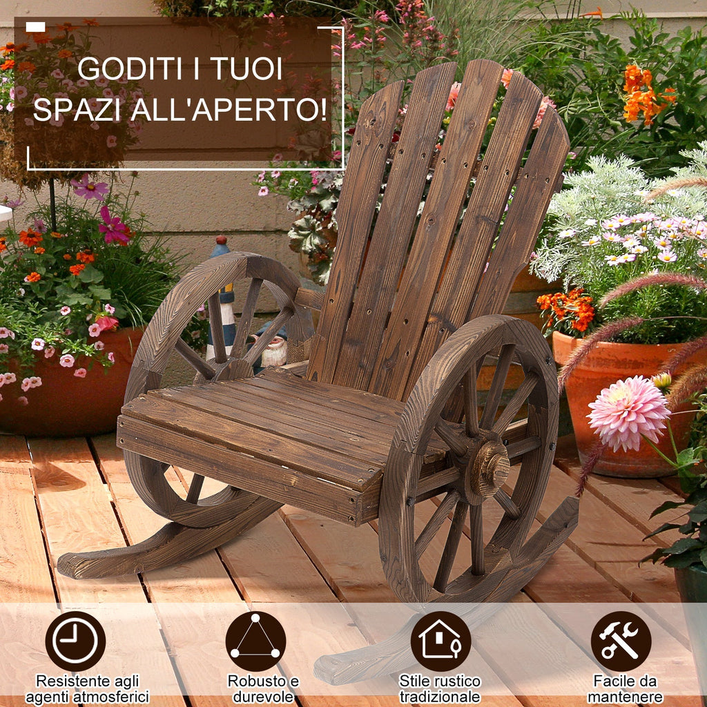Adirondack Rocking Chair, Rustic Design with 2 Wheels, Burnt Spruce Wood, 88x68x92cm - Borge' Group Limited