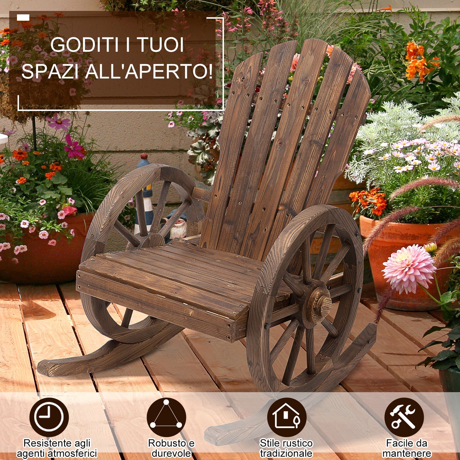 Adirondack Rocking Chair, Rustic Design with 2 Wheels, Burnt Spruce Wood, 88x68x92cm - Borge' Group Limited