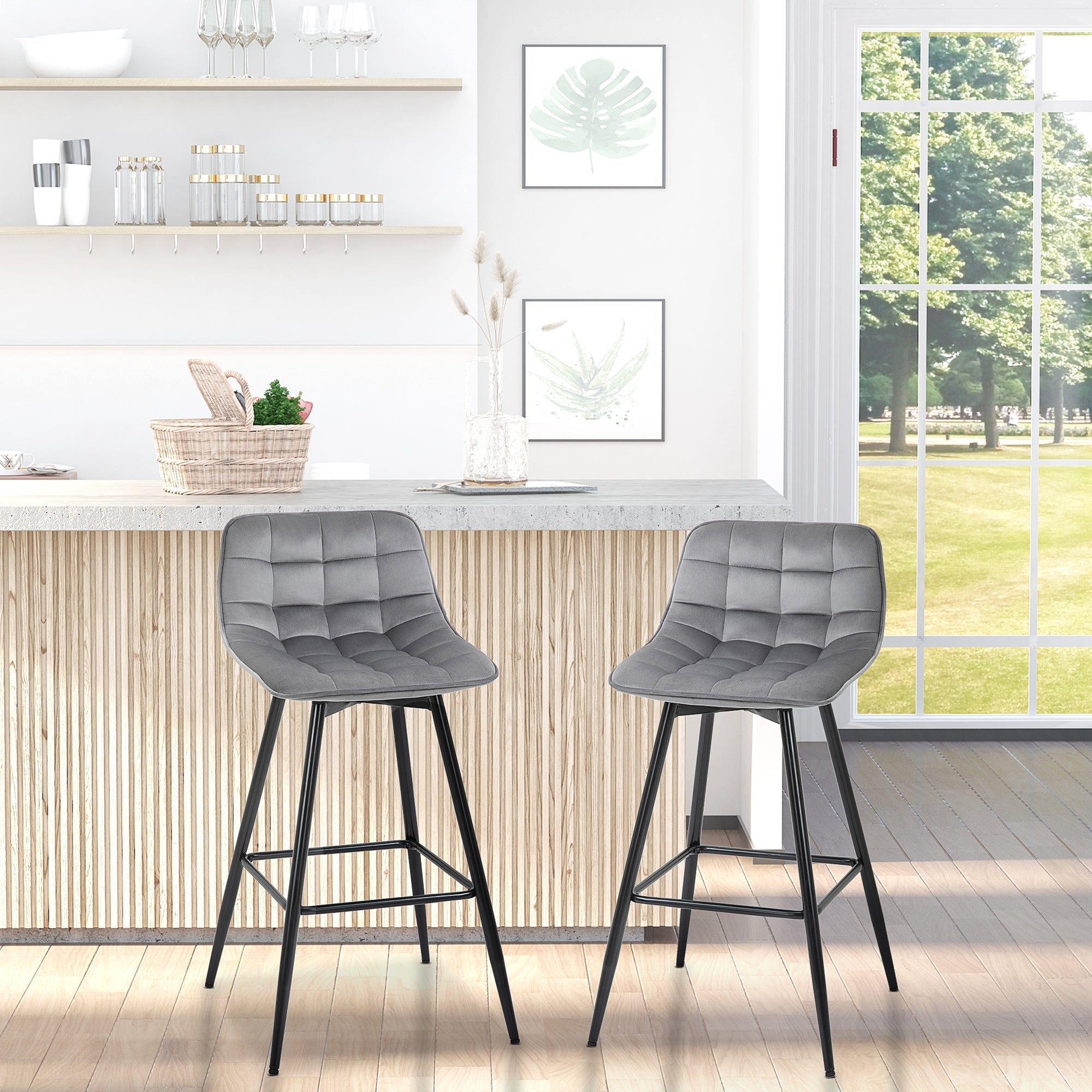 Set 2 stools from bar stuffed chairs Nordic style Grey velvet - Borgè