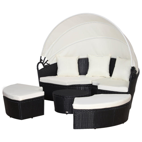 4-Piece Circular Garden Sofa Set, Modular Black Rattan Furniture, Beige Canopy and Cushions 180x175x147cm - Borge' Group Limited