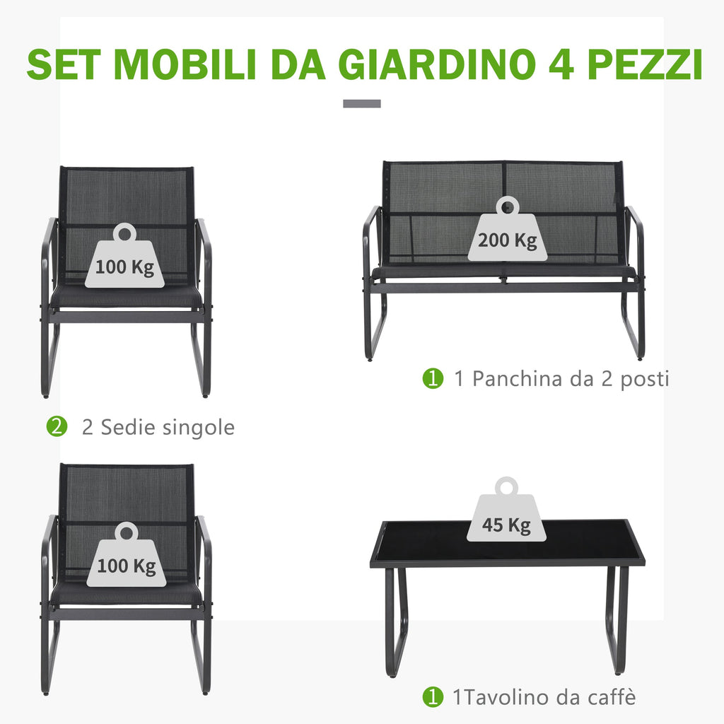 PUPI - Set of Table with Bench and 2 Garden Chairs, Outdoor Furniture in Metal and Texteline, Black - Borge' Group Limited