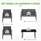 PUPI - Set of Table with Bench and 2 Garden Chairs, Outdoor Furniture in Metal and Texteline, Black - Borge' Group Limited