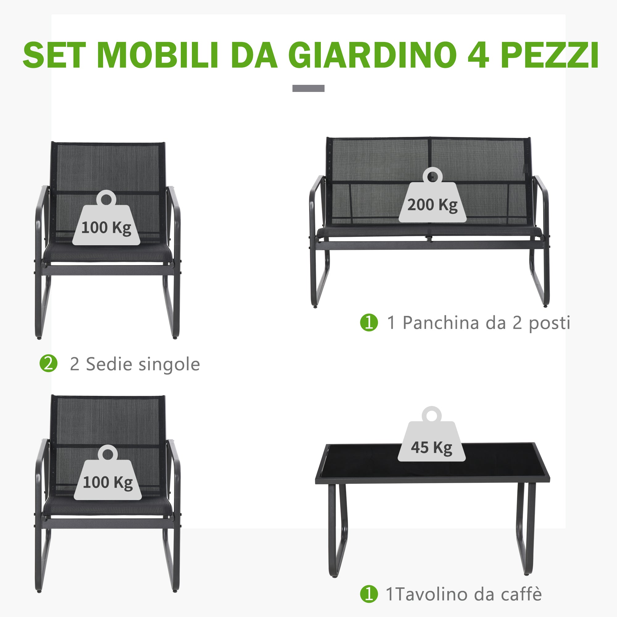 PUPI - Set of Table with Bench and 2 Garden Chairs, Outdoor Furniture in Metal and Texteline, Black - Borge' Group Limited