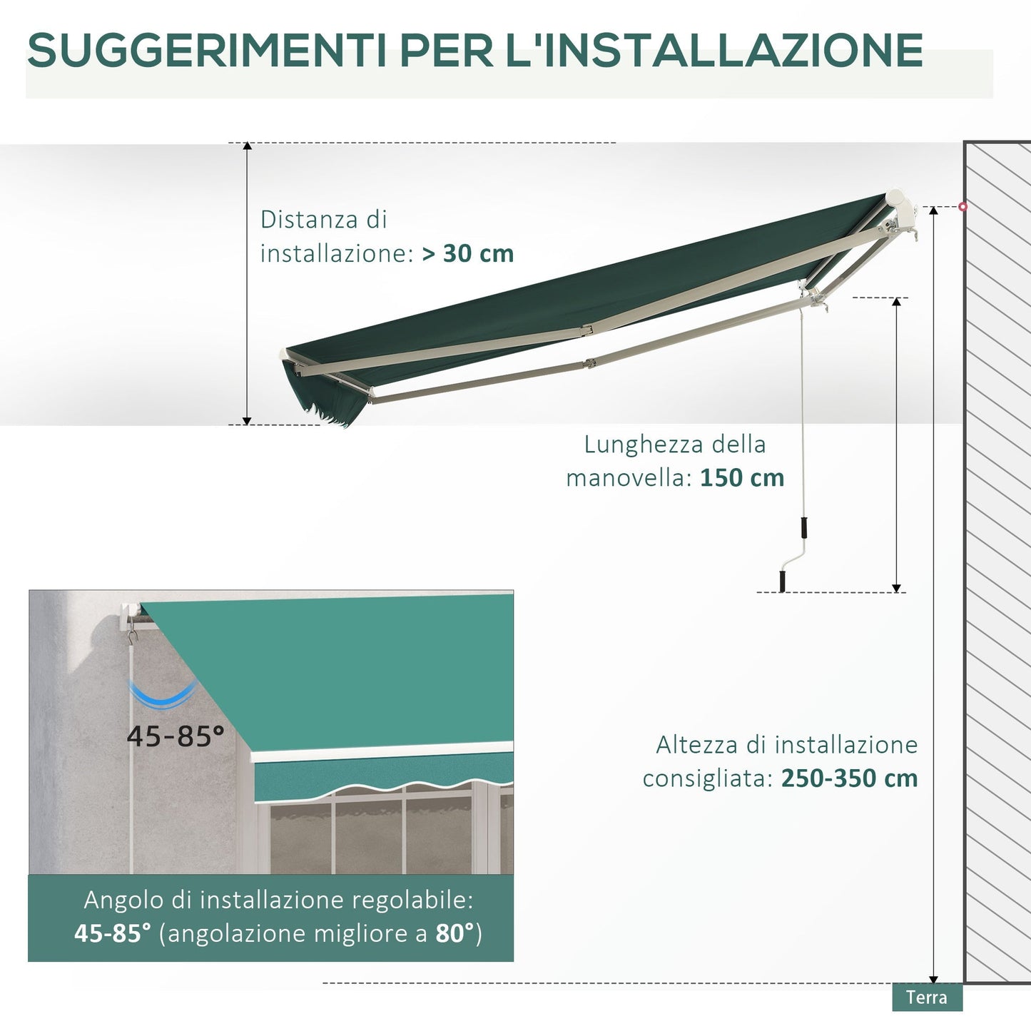 Outsunny sunglasses for outdoor outbuilding with metal and aluminum crank, 395x245cm, dark green - Borgè