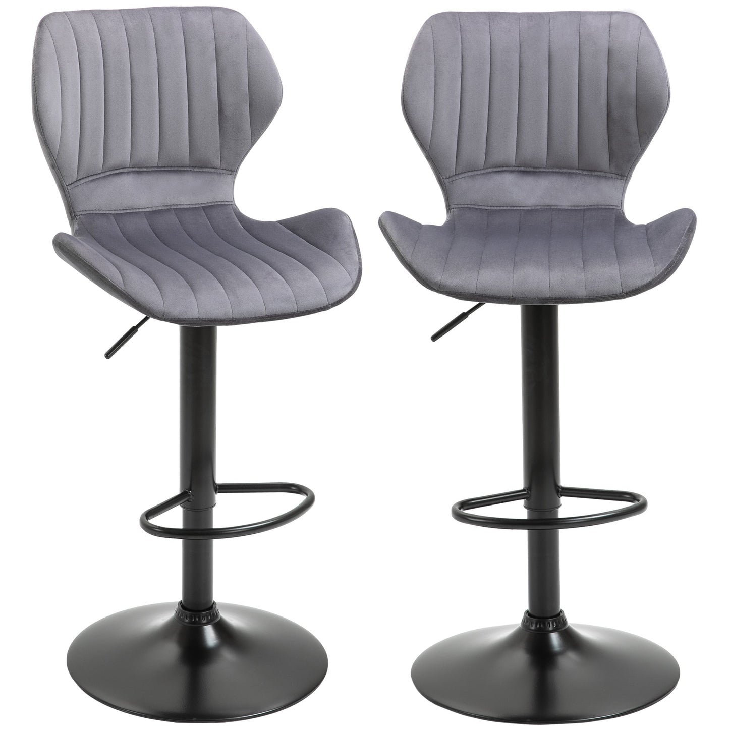 ALICE | Set of 2 Grey Velvet Bar Stools with adjustable height and footrests