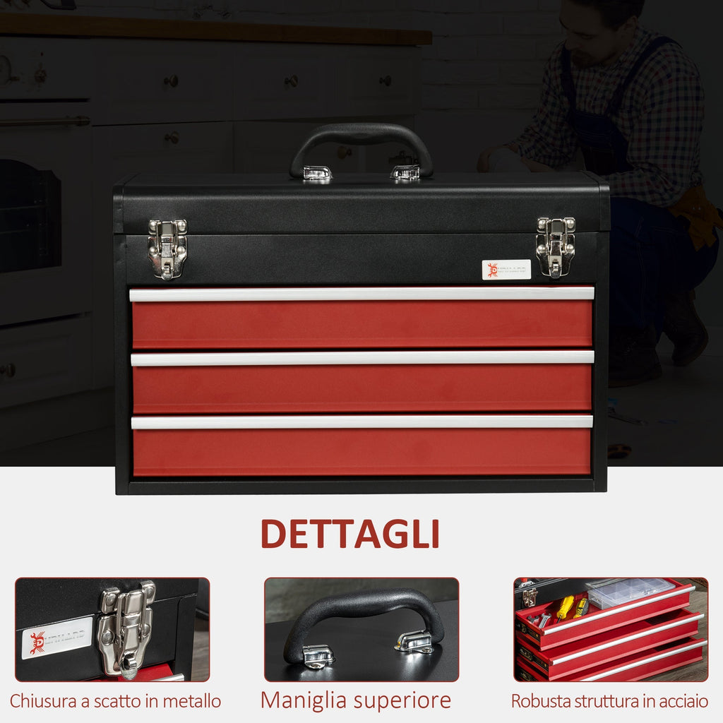 Durhand Steel toolbox with 3 drawers and upper tray, 51x22x32 cm, red and black - Borgè
