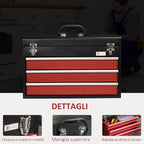 Durhand Steel toolbox with 3 drawers and upper tray, 51x22x32 cm, red and black - Borgè