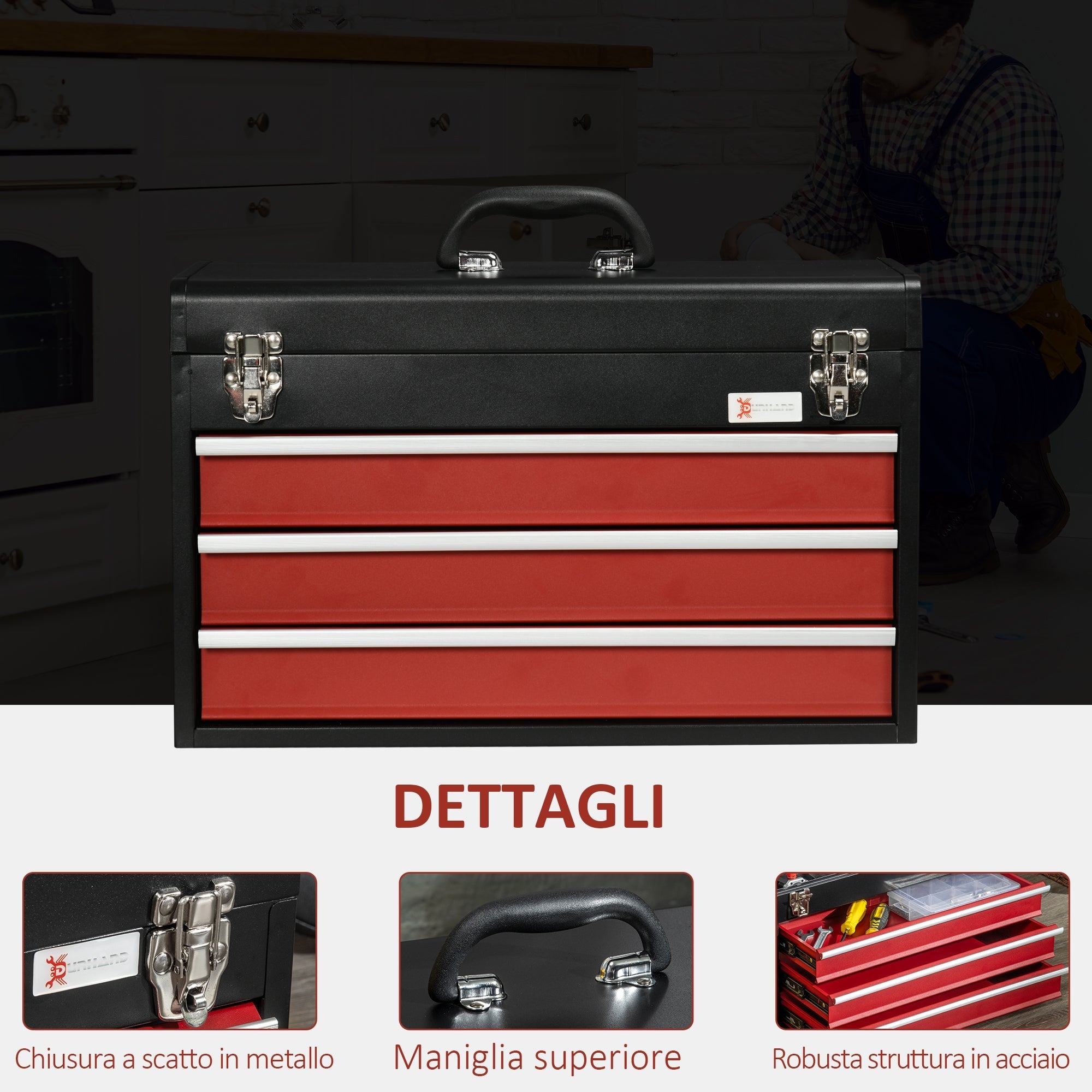 Durhand Steel toolbox with 3 drawers and upper tray, 51x22x32 cm, red and black - Borgè