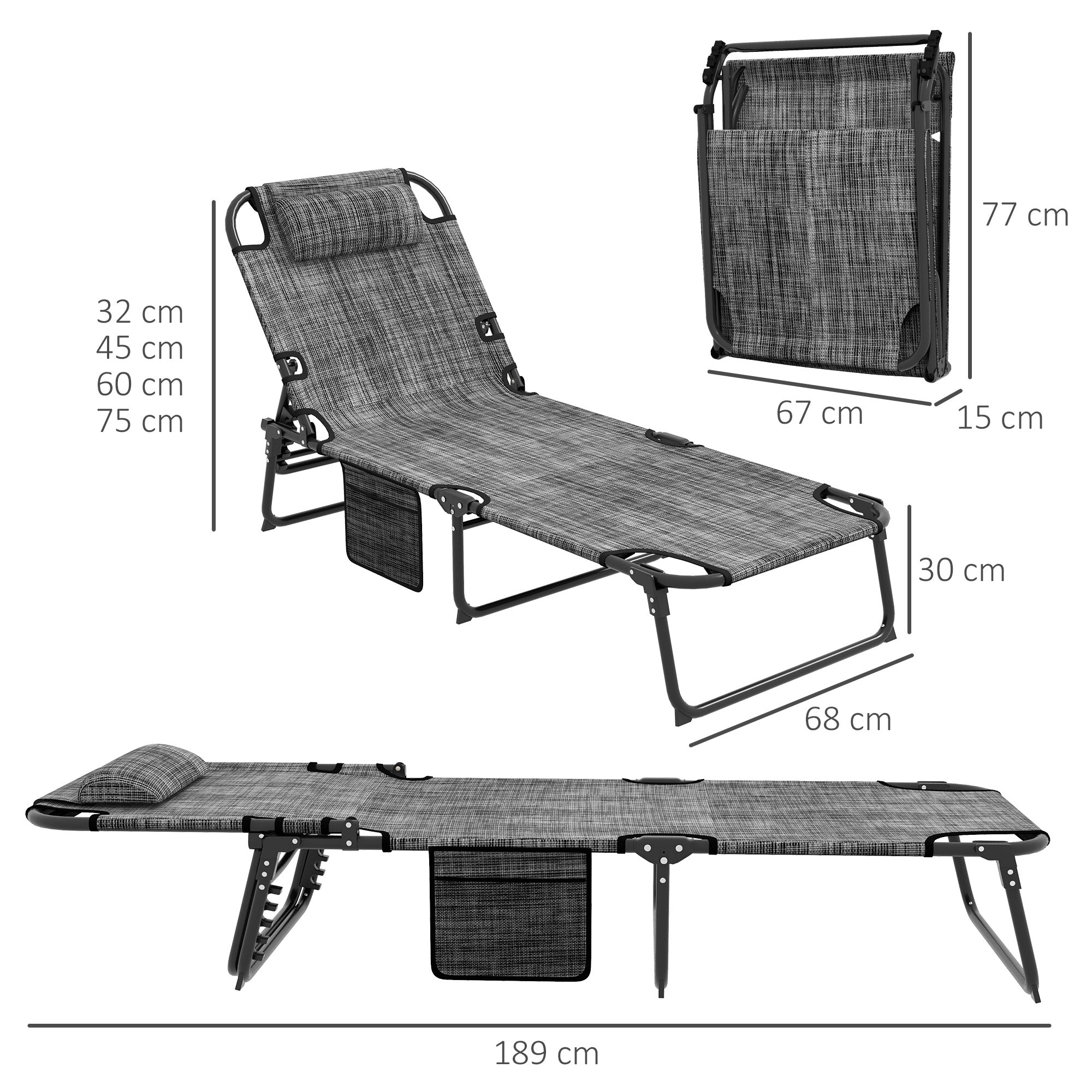Outsunny folding garden bed and reclining with side pocket, 68x189x30 cm, black and gray - Borgè