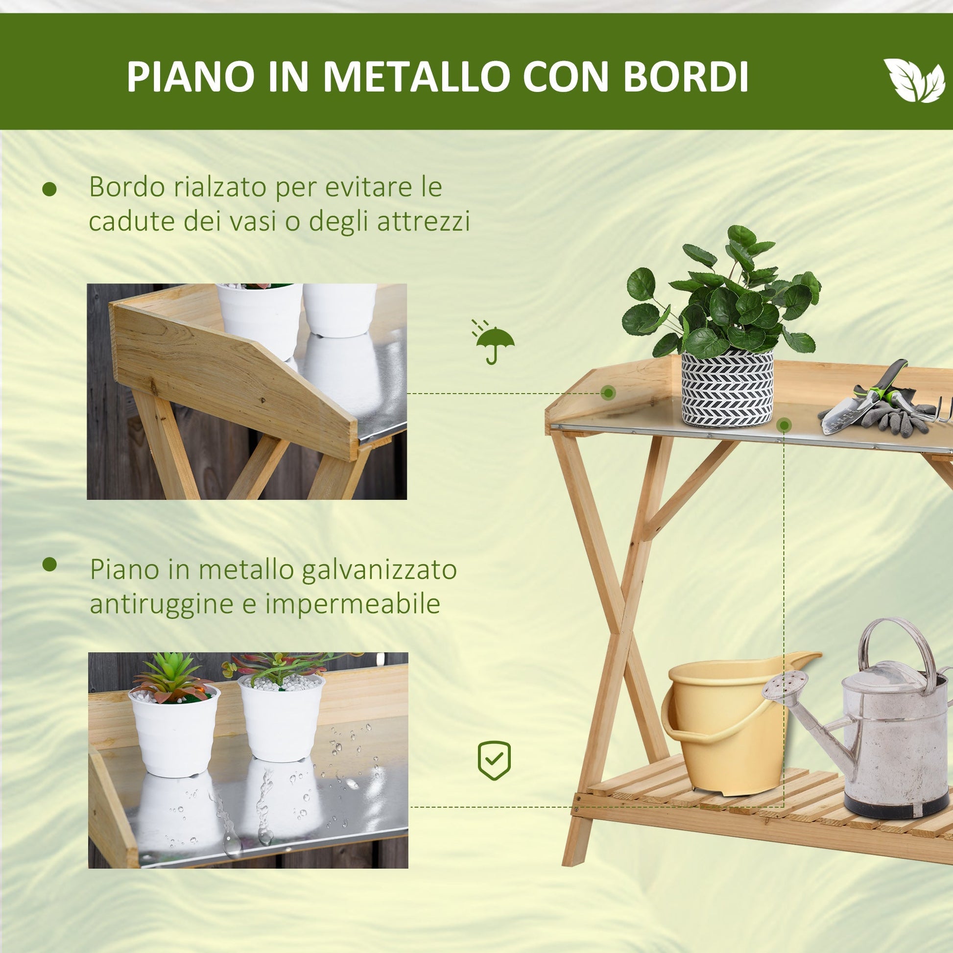 Outsunny gardening table with anti -rust metal top and storage shelf, 80x40x84cm - Borgè