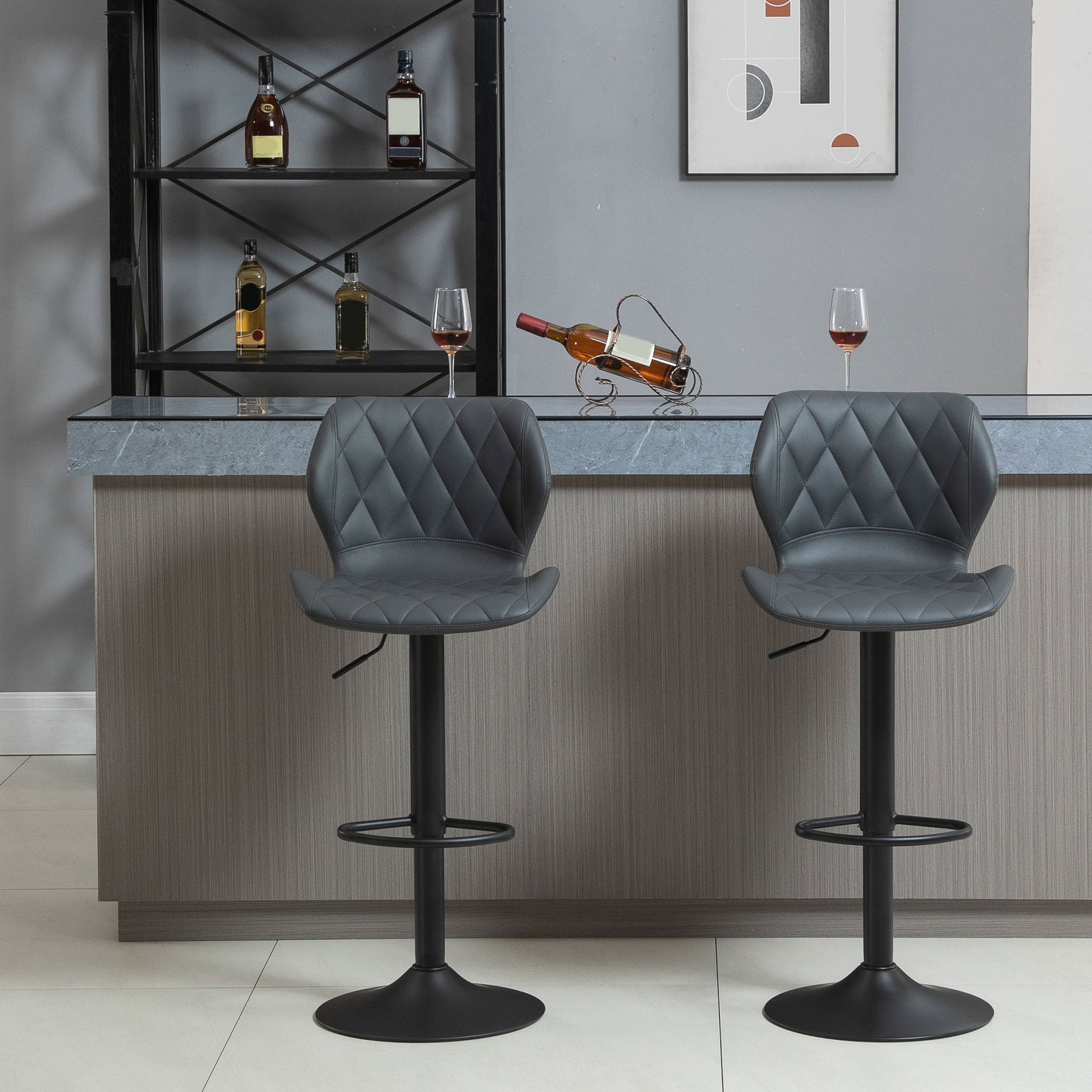 Grey set of 2 high-room bar stools with adjustable height, swivel kitchen stools with back and footrest, 44x50.5x90-110cm - Borgè