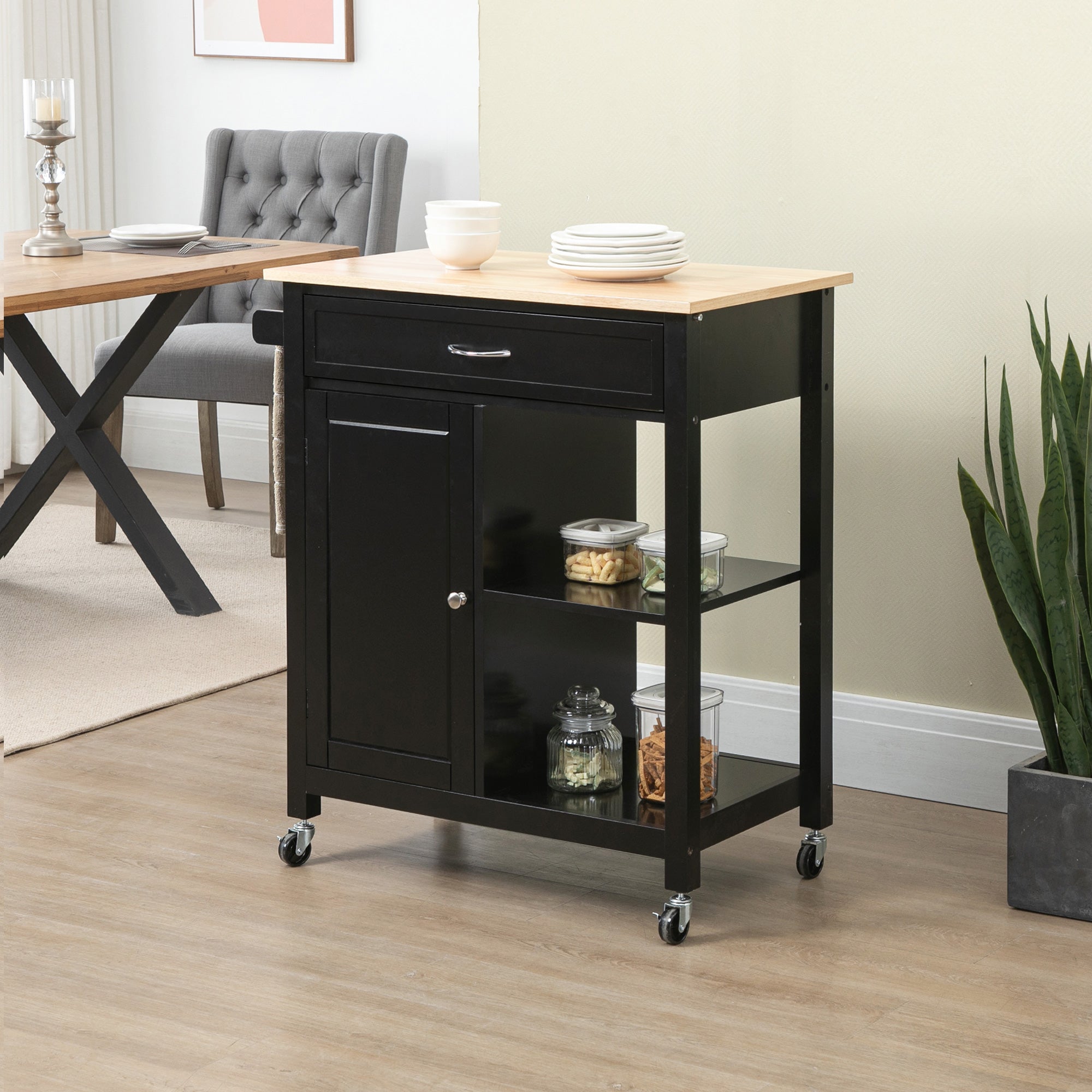 wooden kitchen trolley with drawer, locker and wheels, 83x45x88cm, black - Borgè