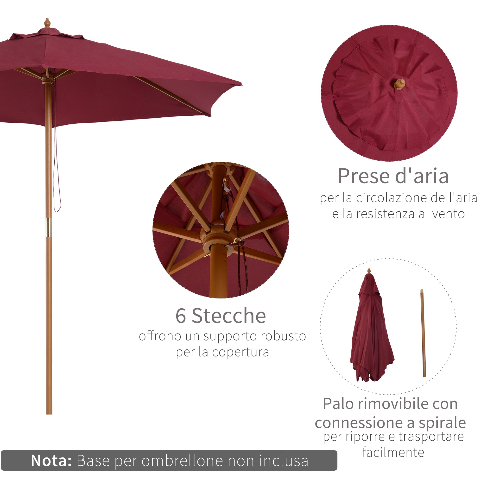 Round Garden Umbrella, Wood and Polyester with Rope Opening, 2.5x2.3 m, Bordeaux - Borge' Group Limited