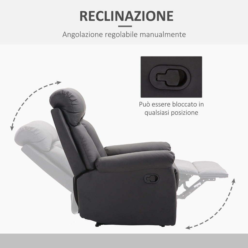 Relaxable relaxation armchair with padded seat and footrests, for home and office, in eco -leather, 80x91x102 cm, black - Borgè