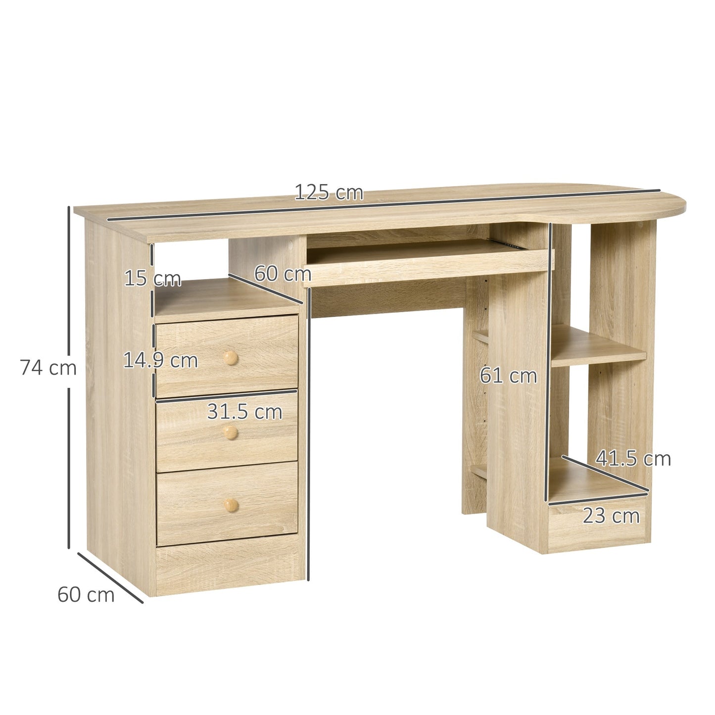 Desk from PC to Office with shelves, drawers and wooden headboard, 125x60x74cm - Borgè