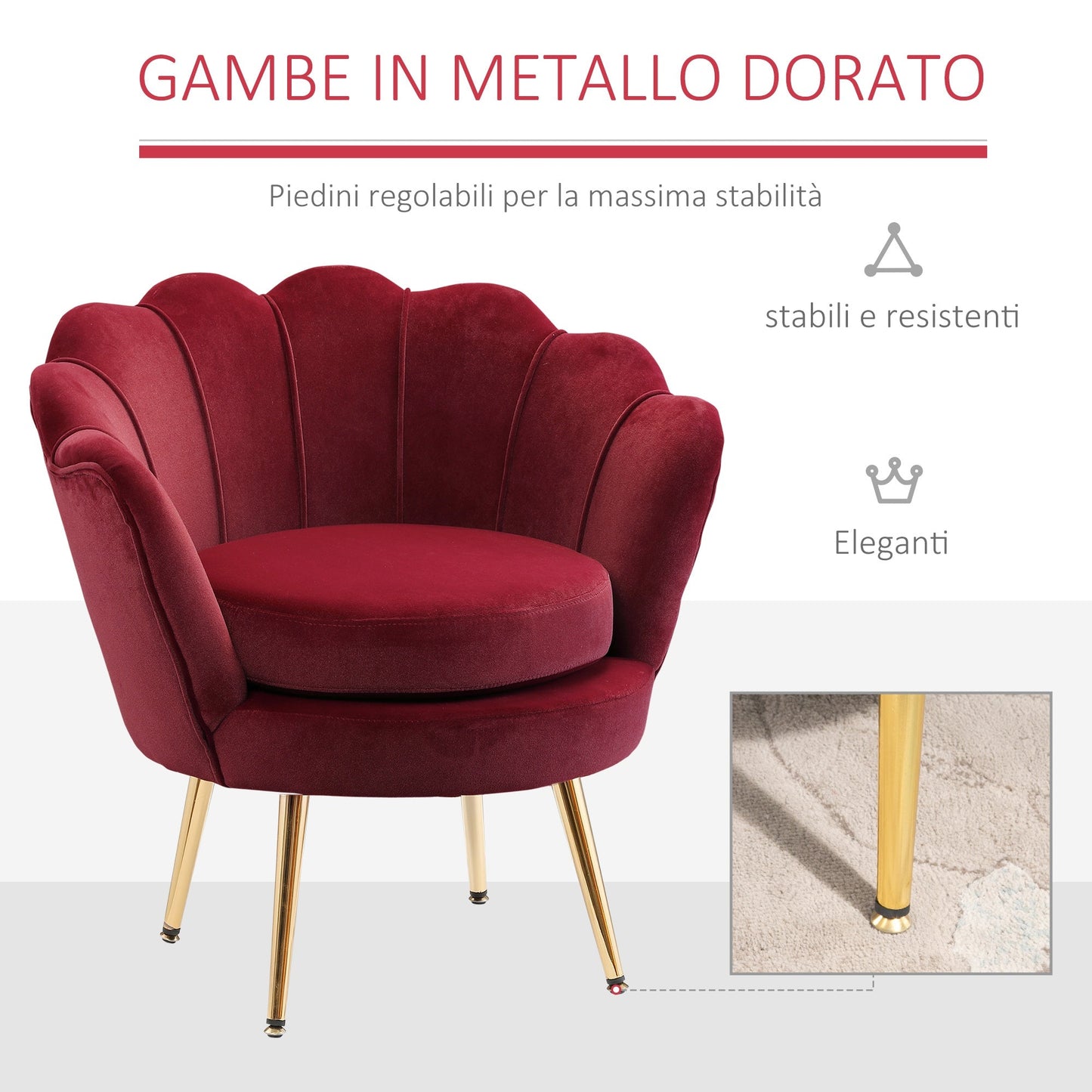 SEASHELL Design Red Velvet Chamber Armchair With Back | 76x67x74cm - Borgè