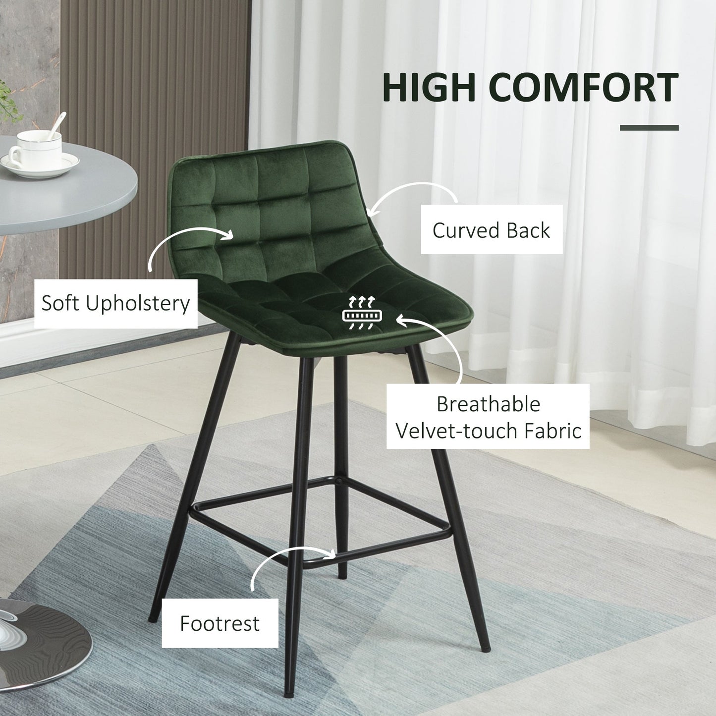 Set of 2 Nordic Style Metal and Velvet Bar Stools with Backrest and Footrest, Green, 45x47x84cm - Borgè