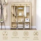 fabric wardrobe with 8 shelves and 2 bars, portable wardrobe with roller shit, 125x43x162.5cm, beige - Borgè