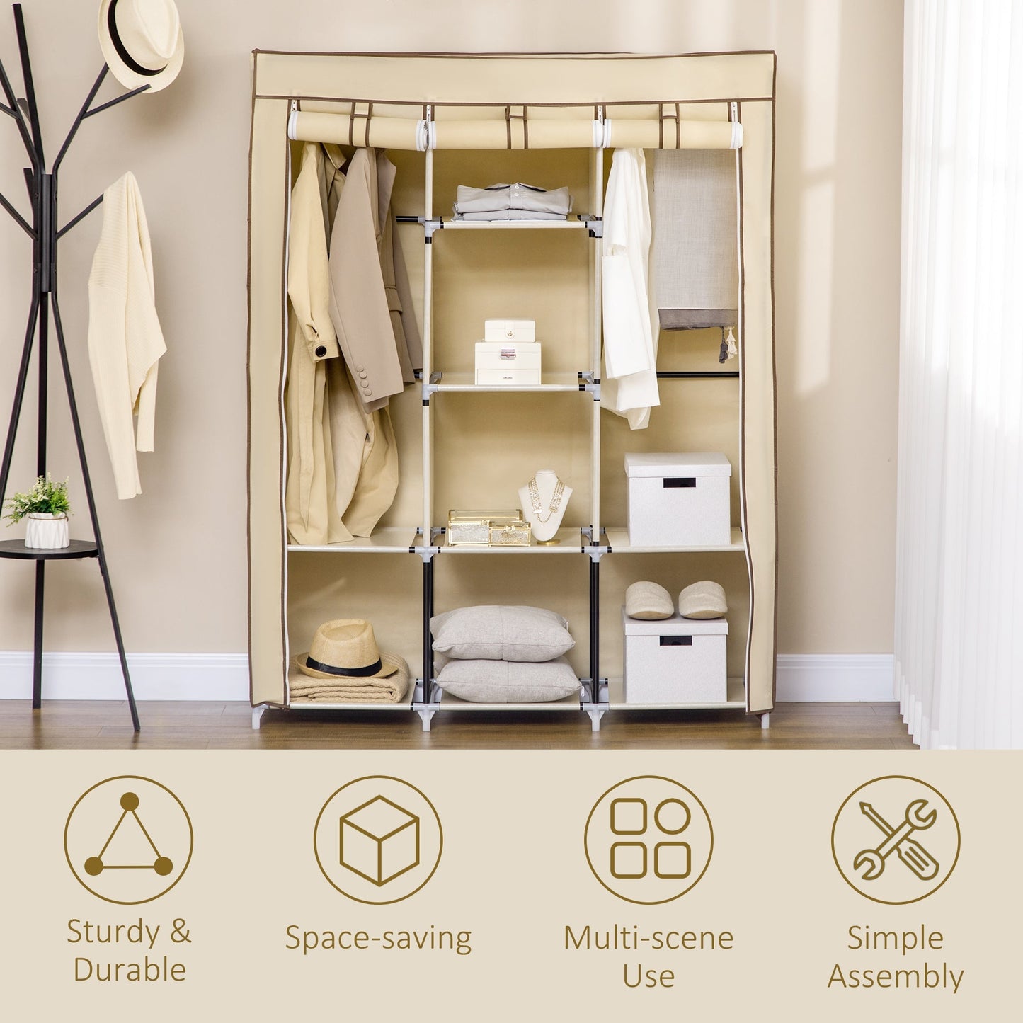 fabric wardrobe with 8 shelves and 2 bars, portable wardrobe with roller shit, 125x43x162.5cm, beige