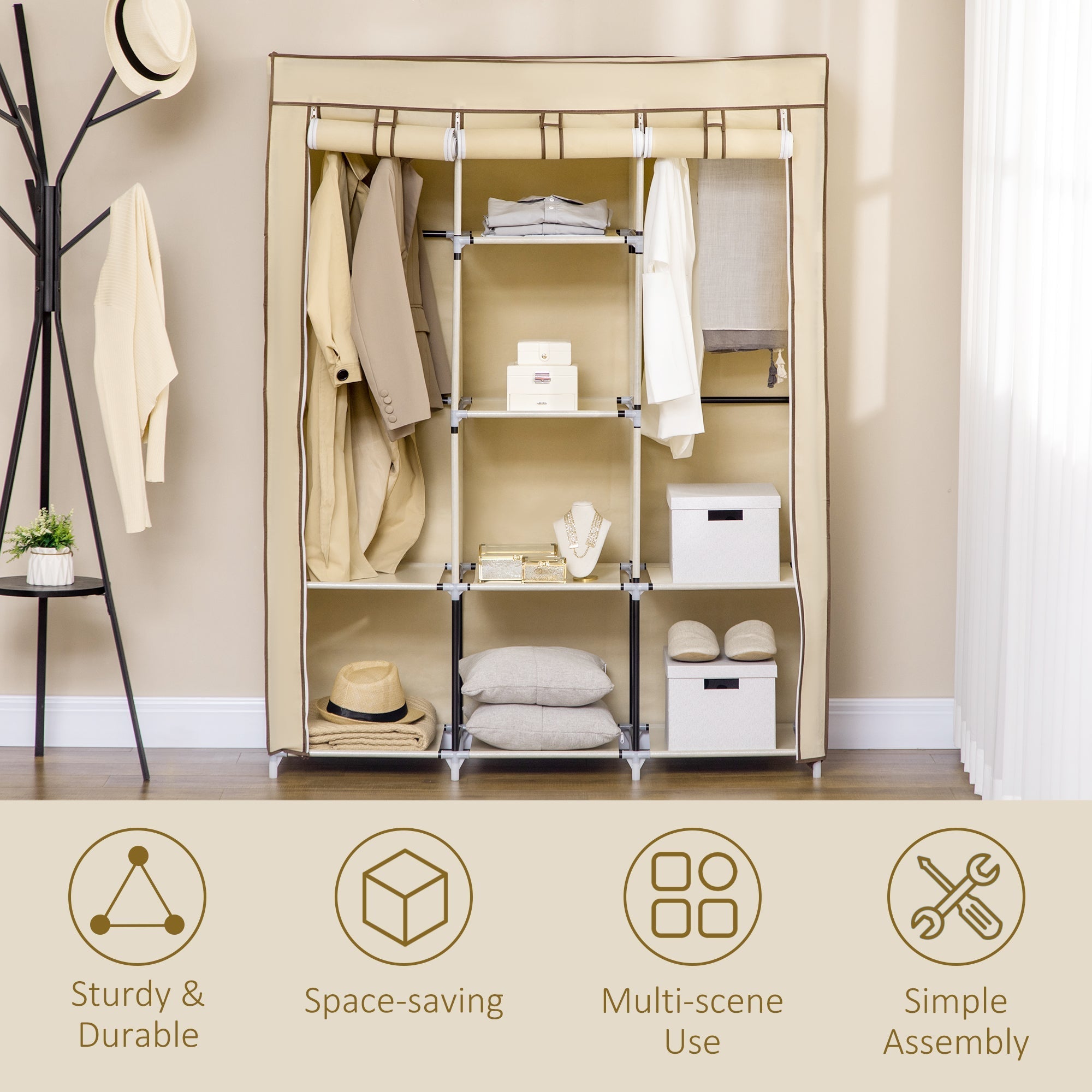 fabric wardrobe with 8 shelves and 2 bars, portable wardrobe with roller shit, 125x43x162.5cm, beige - Borgè
