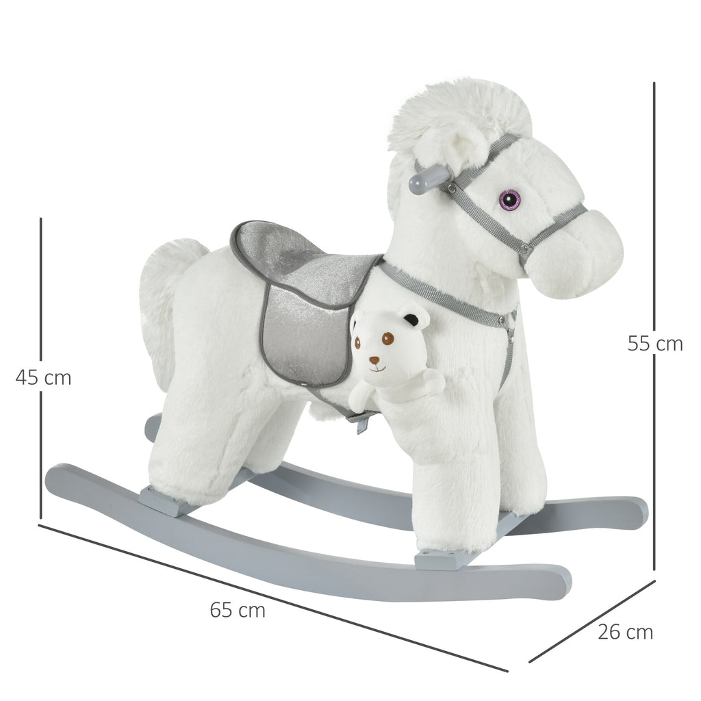 Children's Rocking Horse in Plush and Wood with Sounds and Teddy Bear Included, for Children from 18-36 Months, 65x26x55cm, White - Borgè
