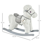 Children's Rocking Horse in Plush and Wood with Sounds and Teddy Bear Included, for Children from 18-36 Months, 65x26x55cm, White - Borgè